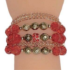 Multi-Chain Stretch Bracelet Gold Tone With Red and Gold Tone Beads